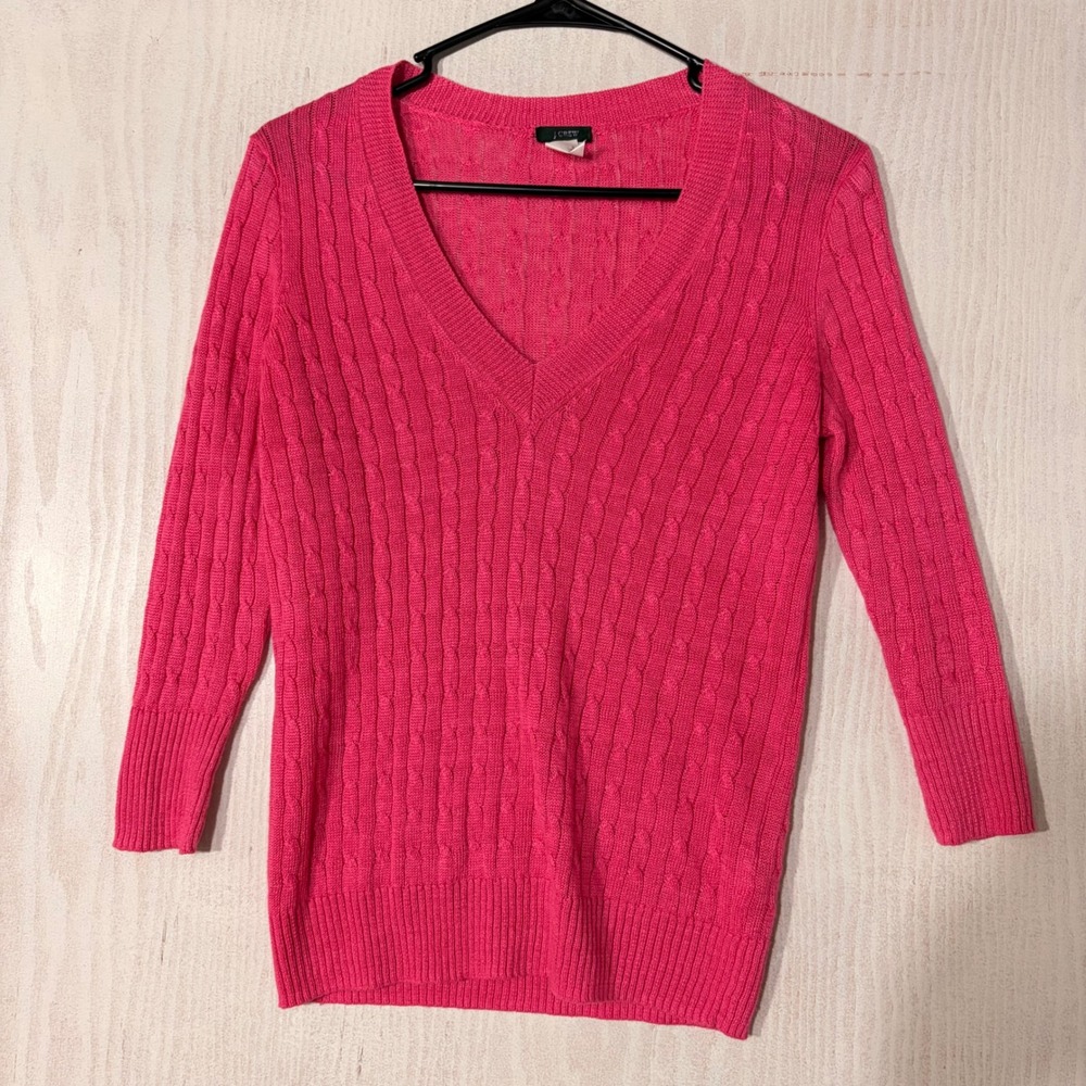 J. Crew Cable Knit Sweater Women XS Hot Pink 100% Linen V-Neck 91550 SP08